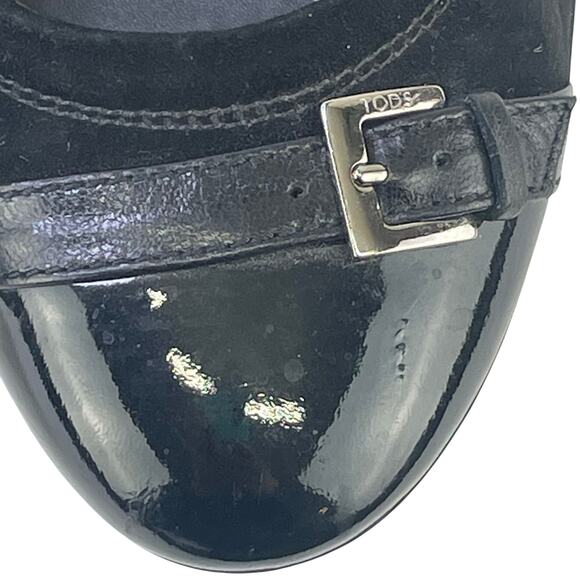 Tods Women Black Suede Ballet Flats Patent Leather Cap Toe Buckle Detail Sz 36.5 - Picture 12 of 13